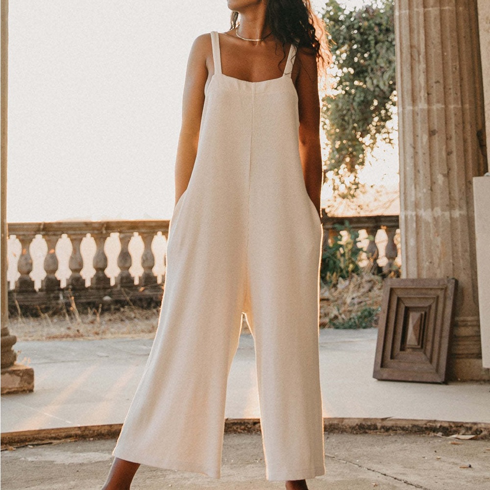 Light Beige Linen Blend Wide-Leg Jumpsuit